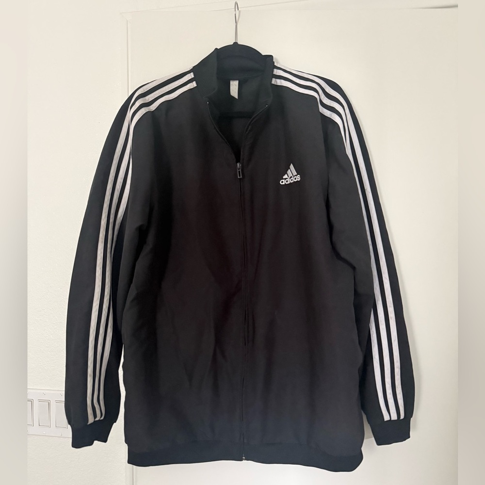 Adidas Men's Black Windbreaker with White Stripes